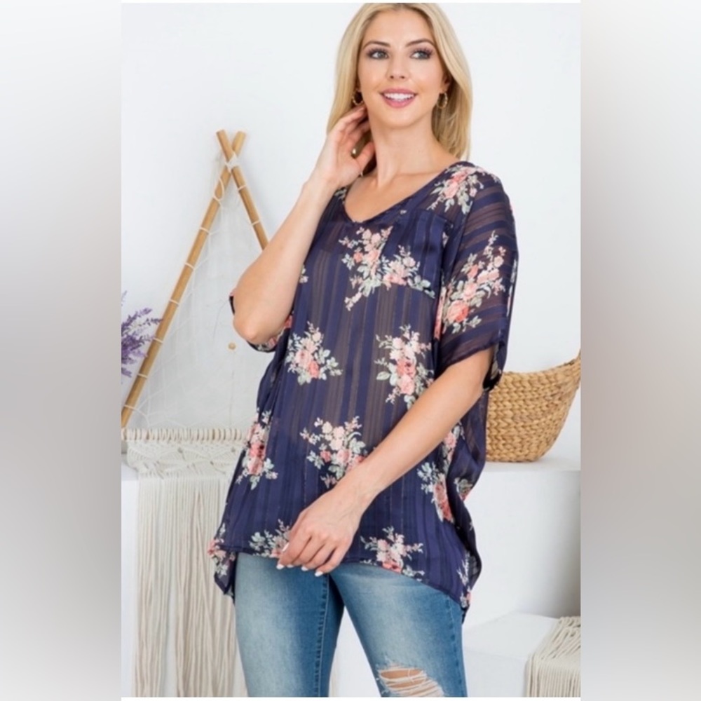 Lovely J Navy Floral Blouse